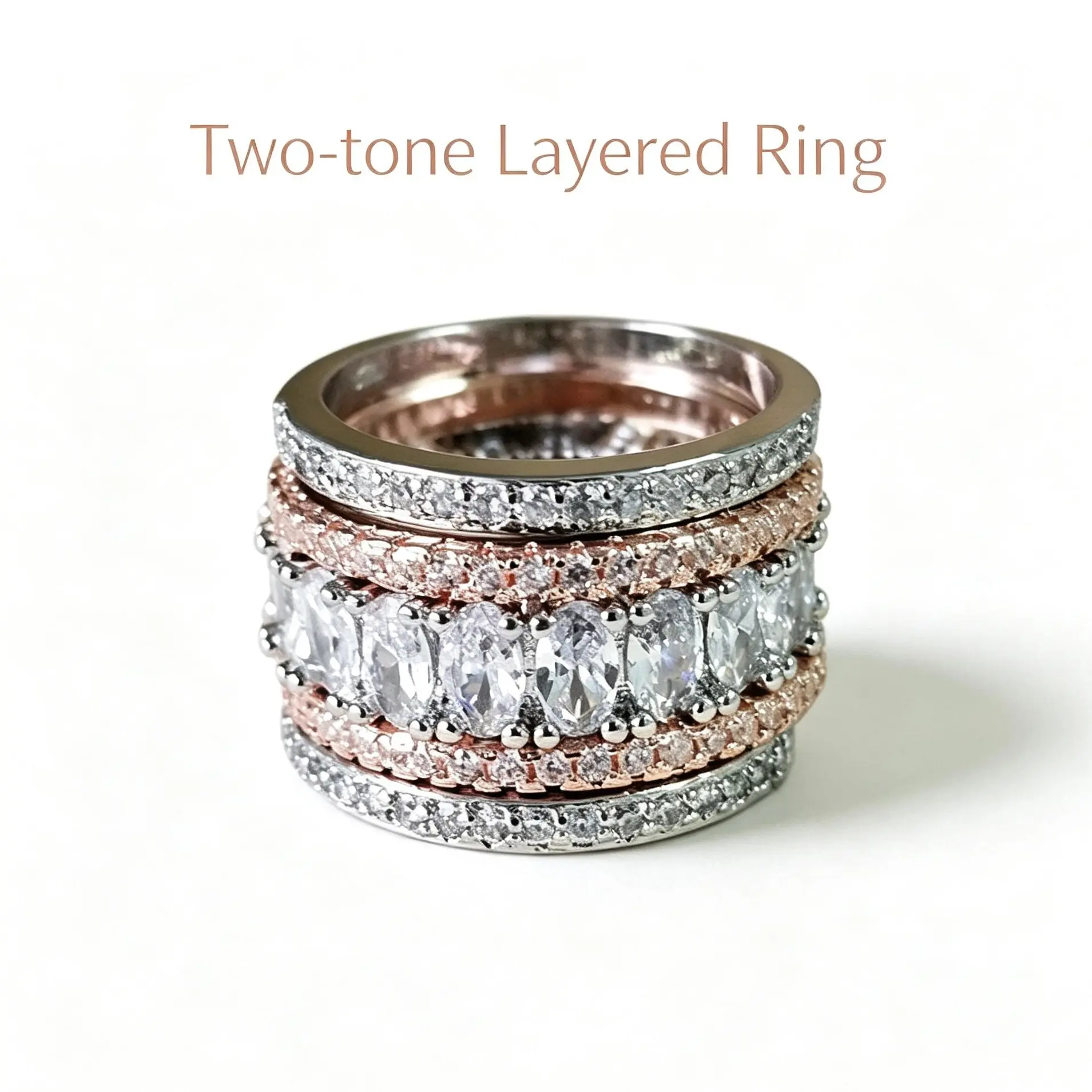 Women's 2-Tone Copper-Silver-Rose Gold Layered Stack Ring - Copper Metal, Round Oval Geometric Form, European Glam Retro Costume Jewelry for Daily Wear, Gifting (Sizes 5-10)