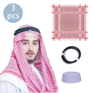 3pcs Middle Eastern Muslim Arab Headscarf Square Scarf Headband Round Dome Hat Men'S Four Seasons Saudi Arab Emirates Dubai