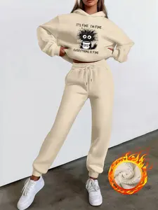 Women's Hooded Sweatshirt Set, Casual Loose-Fit Thick Fabric, Fall & Winter Fashion, Letter Cartoon Print, 2 Piece