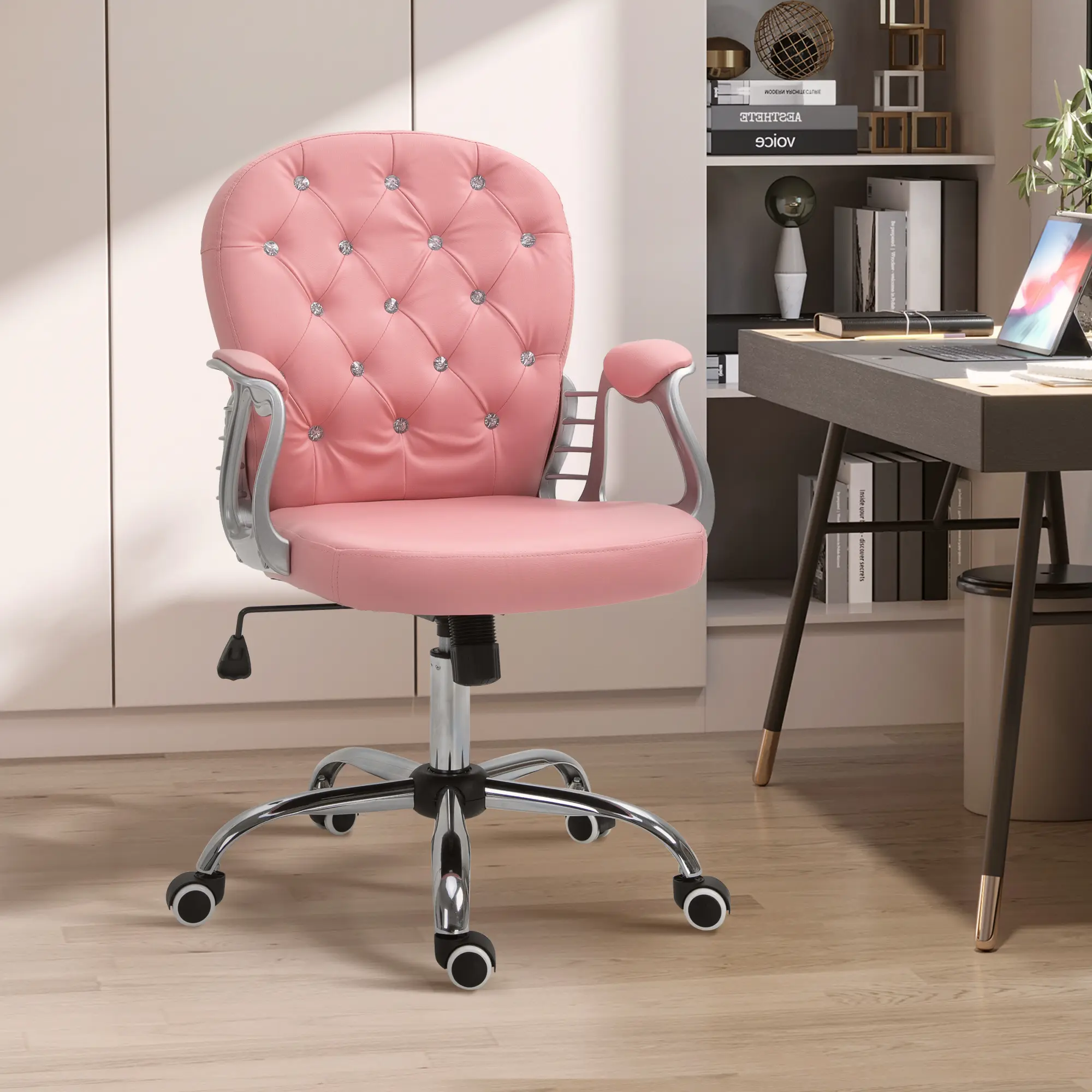 Modern Pink Button-Tufted Executive Office Chair - Premium PU Leather Upholstery, Ergonomic Padded Armrests, Smooth Gliding Swivel Wheels - Ideal for Home Office, Vanity Makeup Use