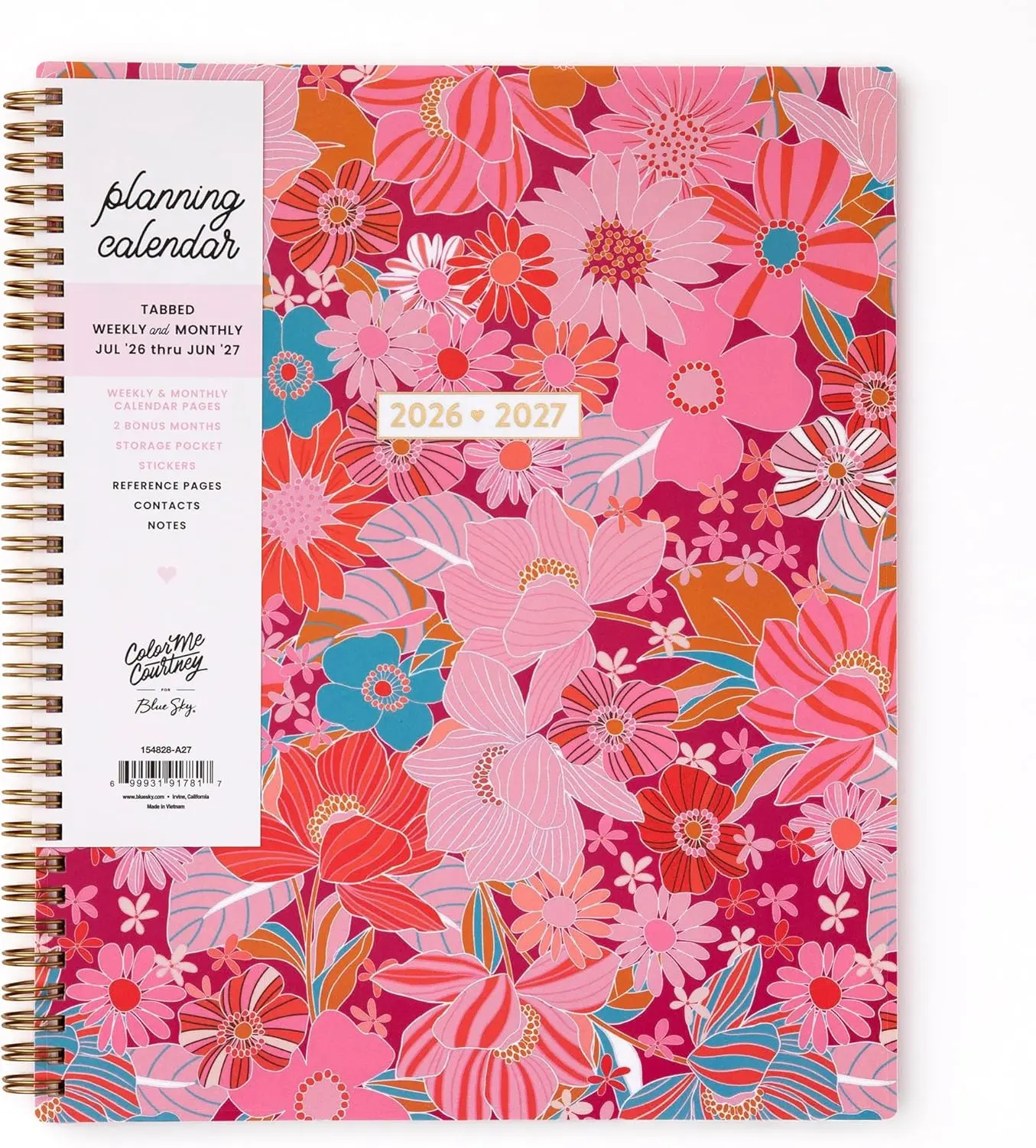 Blue Sky Color Me Courtney 2026-2027 Weekly and Monthly Academic Year Planner Calendar July 2026 - June 2027 8.5" x 11" Flexible Cover Wirebound Laminated Tabs Storage Pocket Includes Stickers Bloom Pink