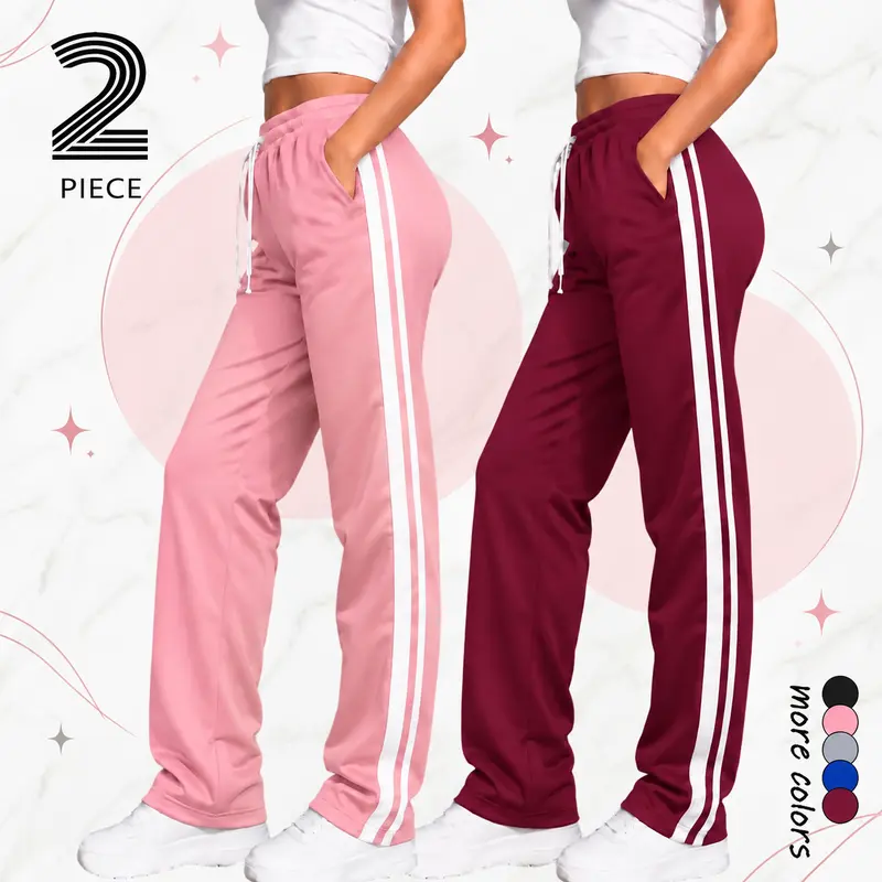 Women's Athletic Long Straight-Leg Pants - 1-Pack Solid Color with Stripes, Loose Casual Fit, Multi-Color Options, Machine Wash Pants, Suitable for Morning Runs, Outings, All Seasons
