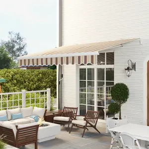 Outdoor retractable sun shade awning red stripe polyester PU coating adjustable mounting height for backyard deck