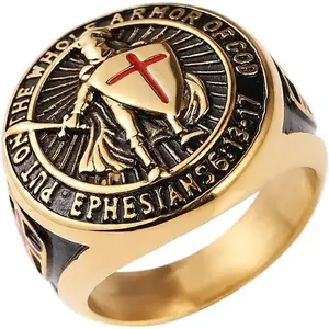 Trendy Knights Templar Put on The Whole Armor of God Ephesians 6:13-17 Red Cross Design Men's Stainless Steel Ring Gift Fir Girl Couple Fit Daily Wear