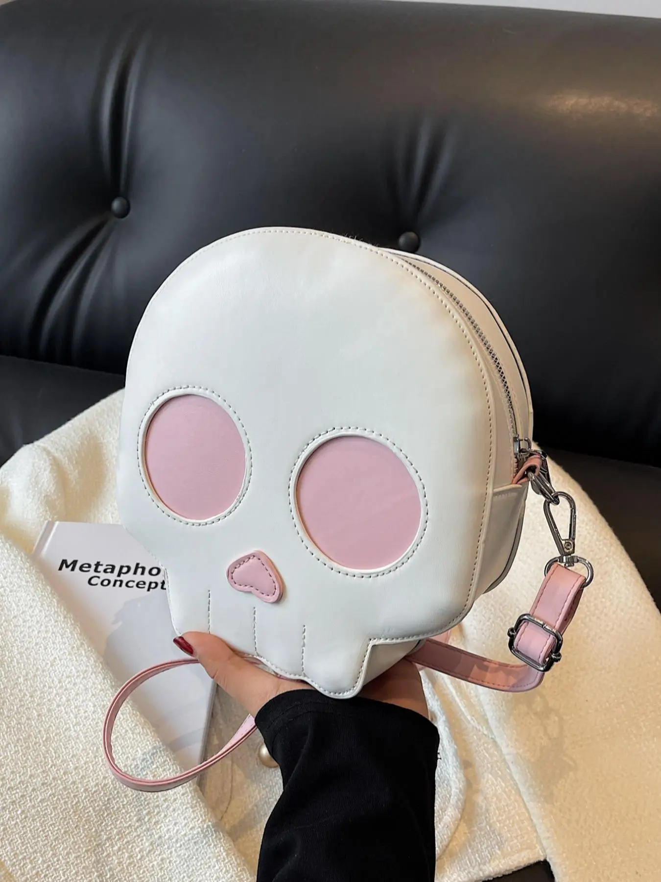 Women's Cute Punk Goth Skull Print Zipper Crossbody Bag, Simple Plain Large Capacity Shoulder Bag for Work & Daily Use, Personalized PU Crossbody Bag