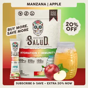 Salud 2-in-1 [Hydration + Immunity - Manzana | Apple]  Agua Fresca Drink Mix, Elderberry, Dairy & Soy Free, Non-GMO, Gluten Free, Vegan, Low Calorie, 1g Sugar (15 Servings)
