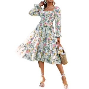 Women's Boho Floral Midi Dress – Smocked Long Sleeve & Short Sleeve Options, Square Neck, Ruffle Details, Tiered Design, Perfect for Spring, Summer, Fall, Wedding Guest & Maternity Wear, Multicoloured Flowing Dress