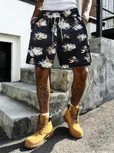 Men's Summer Textured Tropical Drawstring Shorts, Adjustable Waist, Cupid Angel Cloud Print, Loose Fit, Street Style, Casual Daily Wear, Trendy Fashion