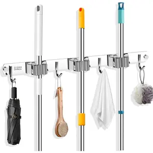 Mop and Broom Holder Wall Mounted, 3 Racks and 4 Hooks Broom, Upgraded Stainless Steel Broom Holder Self Adhesive, Broom Organizer, Tools Organizer for Home Kitchen Bathroom Garden Balcony