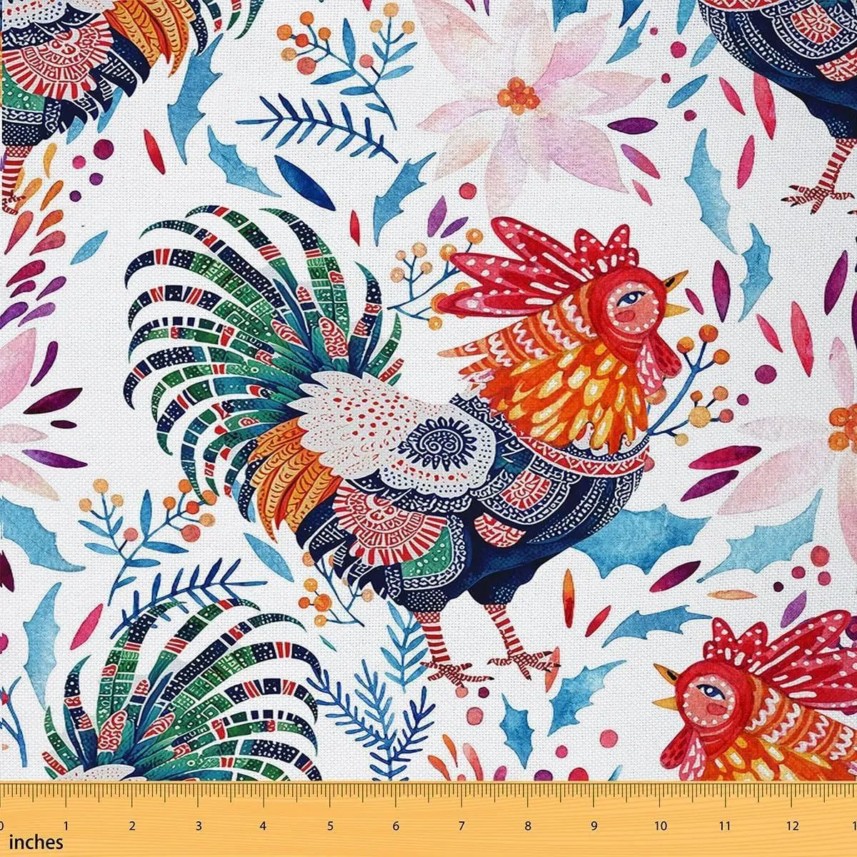 Boho Rooster Soft Flannel Polyester No Stretch Fabric Flowers Leaves Plant Bohemia Style DIY Fabric Farmhouse Chicken Animal
