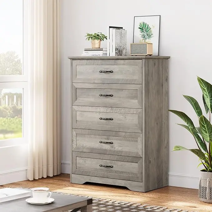 5/6 Drawer Dresser, Farmhouse Chest of Drawer with Metal Handles, Modern Storage Organizer with Anti-Collapse Design, Wooden Dresser for Living Room, Bedroom, Hallway