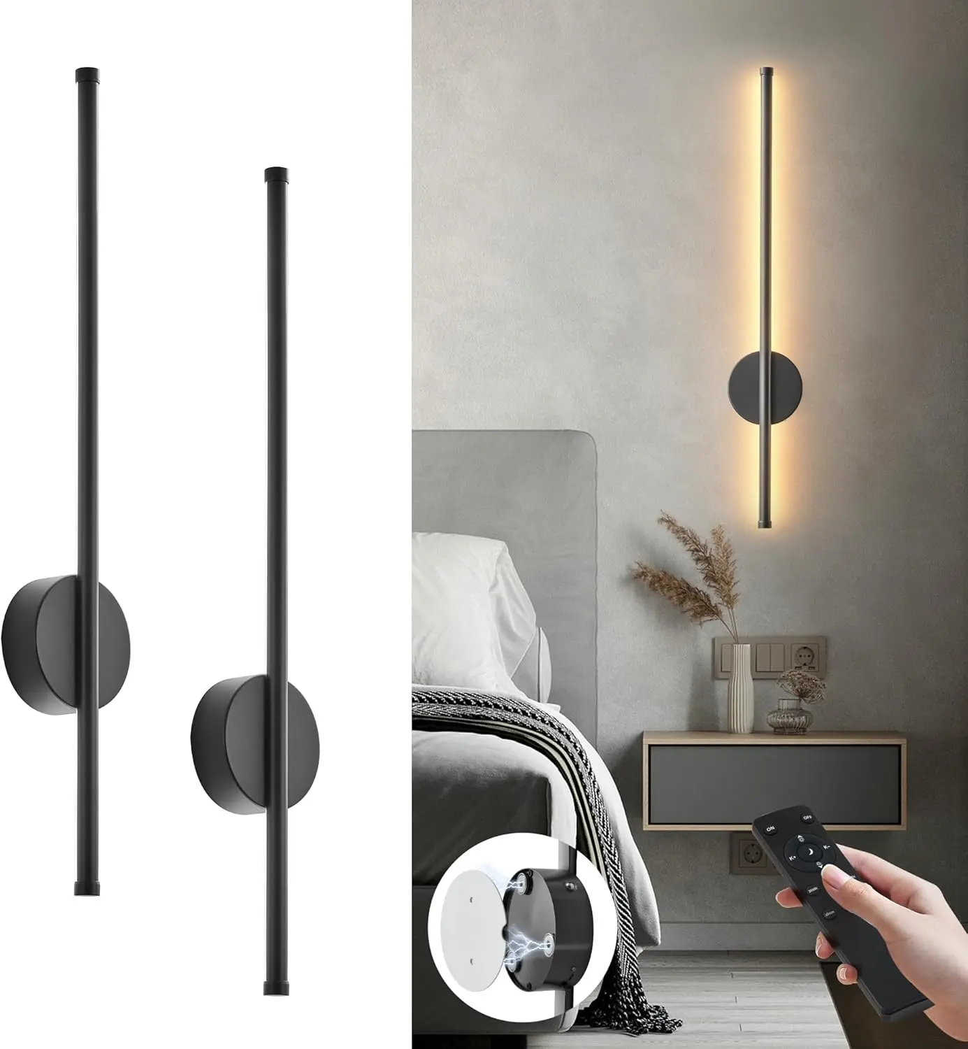[Summer Finds] Set of 2 Battery-Operated LED Wall Sconces with Remote Control, 3000K-6000K Wireless Wall Lamps for Bedroom, Hallway, Modern Ambient Decoration Lighting Fixtures，Control,Dimmable,3CCT,Timer,360°Rotation