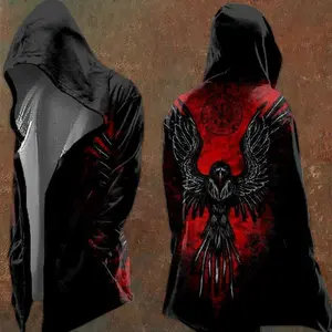 VikingRunesHoodedCardigan–NorseMythologyOpenFrontCloakforMen,VegvisirCompass&TreeofLifeDesign,SoftFleeceLinedGothicStreetwearJacket