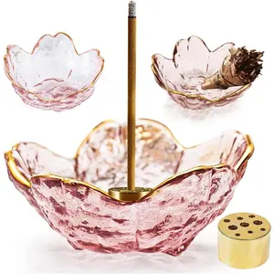 Incense Holder for Sticks and Backflow Incense Handmade Glass Cherry Blossom Incense Stick Holder with 9 Incense Holes Incense Burner Ash Catcher