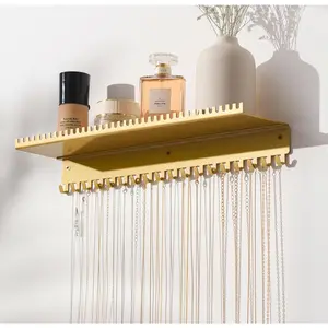 Necklace Holder Wall Hanging Organizer: Wall Mounted Jewelry Shelf with 56 Hooks and Tray, Display Hanger for Kids, Girls and Women, Gold & Metal