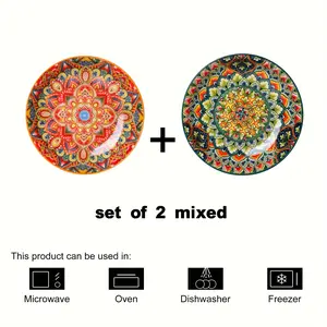 2pcs Bohemian Style Ceramic Dinnerware Set, 8-Inch Decorative Round Plates, Microwave Safe, Vibrant Floral Design, Easy to Clean, Boho Colourful Tableware, Salad Plates Set