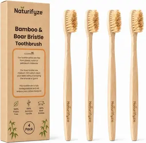 Boar Bristle & Bamboo Toothbrush (4 Pack) - Authentic Boar Bristles - Biodegradable - Plastic Free - Bamboo & Boar Bristle