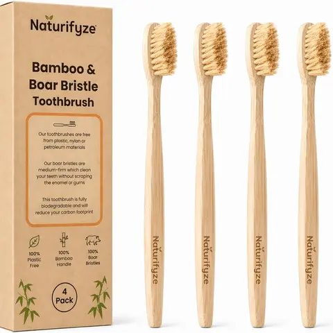 Boar Bristle & Bamboo Toothbrush (4 Pack) - Authentic Boar Bristles - Biodegradable - Plastic Free - Bamboo & Boar Bristle