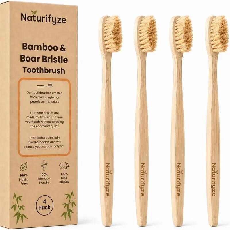 Boar Bristle & Bamboo Toothbrush (4 Pack) - Authentic Boar Bristles - Biodegradable - Plastic Free - Bamboo & Boar Bristle