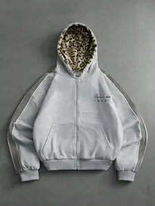 1 Piece Unisex Zip-Up Hoodie with Leopard Print Lining and Striped Sleeves, Oversized Streetwear Style, Soft Fleece for Casual Daily Wear and Youth Fashion