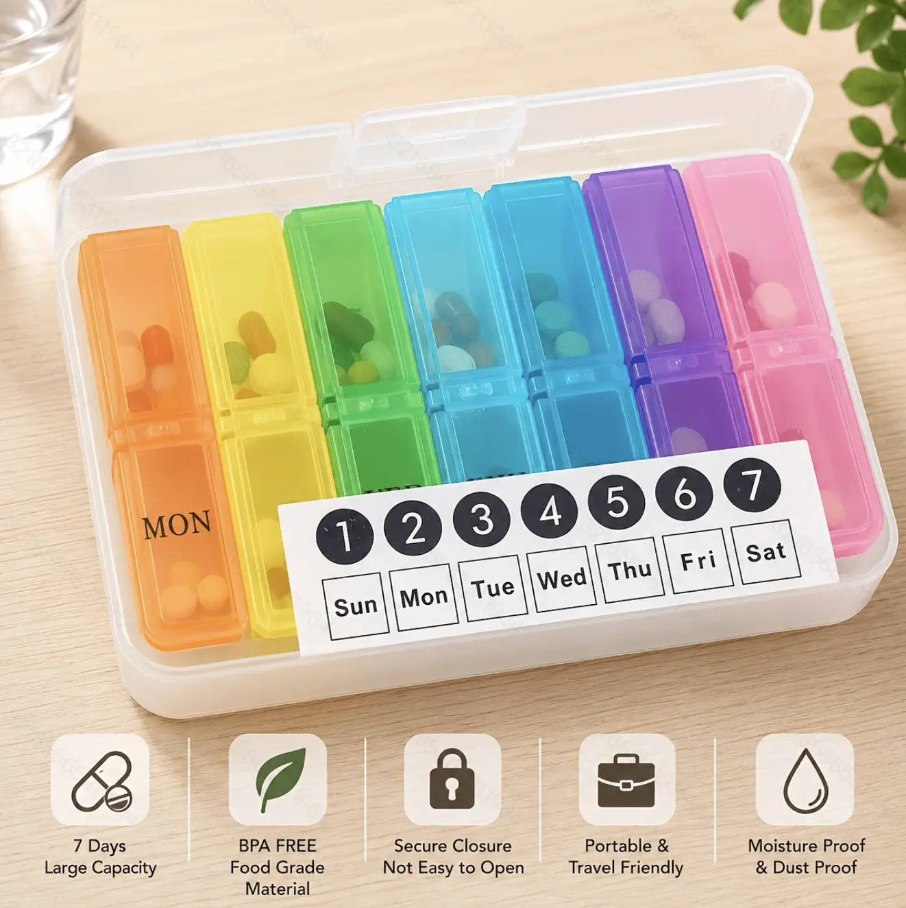Premium Weekly AM/PM Pill Organizer, BPA-Free 7-Day Medication Planner with Secure Locking Compartments, Large Capacity Vitamin & Supplement Storage Case, Portable Travel Pill Box for Daily Health Management