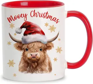 BNB Xmas Gift – Mooey Christmas Highland Cow 11oz Accent Red Ceramic Mug, Funny Holiday Cute Cow Coffee Cup Gifts for Cow Lovers Women Besties Coworker Colleague Workmates Family on Birthday Christmas, Drinkware Reusable And Washable Coffee Cup