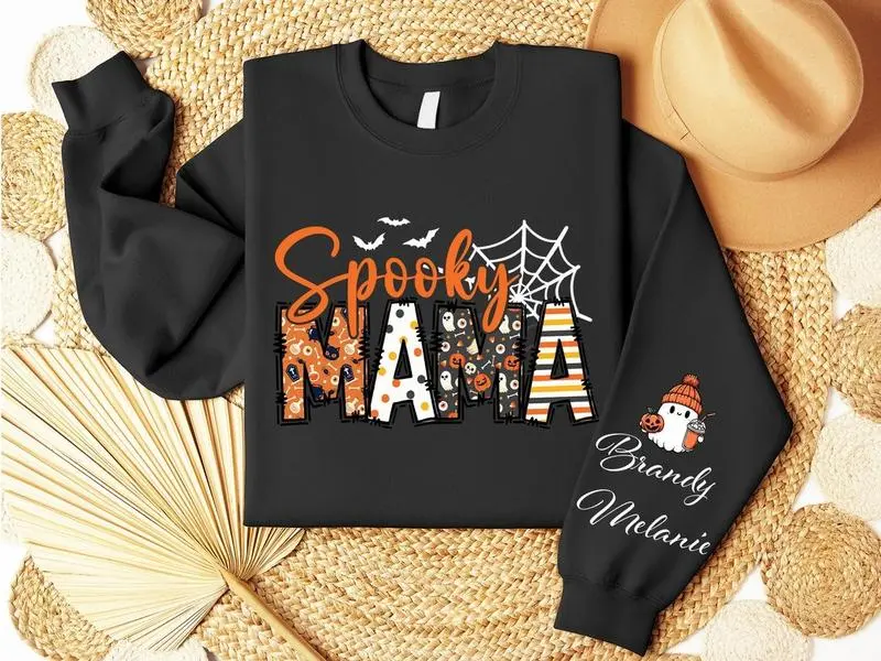 Personalized Spooky Mama Halloween Sweatshirt Custom Kids' Names on Sleeve, Fall Season Shirt, Halloween Party Gift for Mom