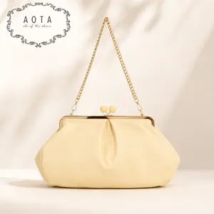 AOTA Women's Vintage Kiss Lock Clutch Bag | Elegant Cloud Pleated Dumpling Handbag with Gold Chain Strap | Trendy Evening Crossbody Purse in Multiple Colors