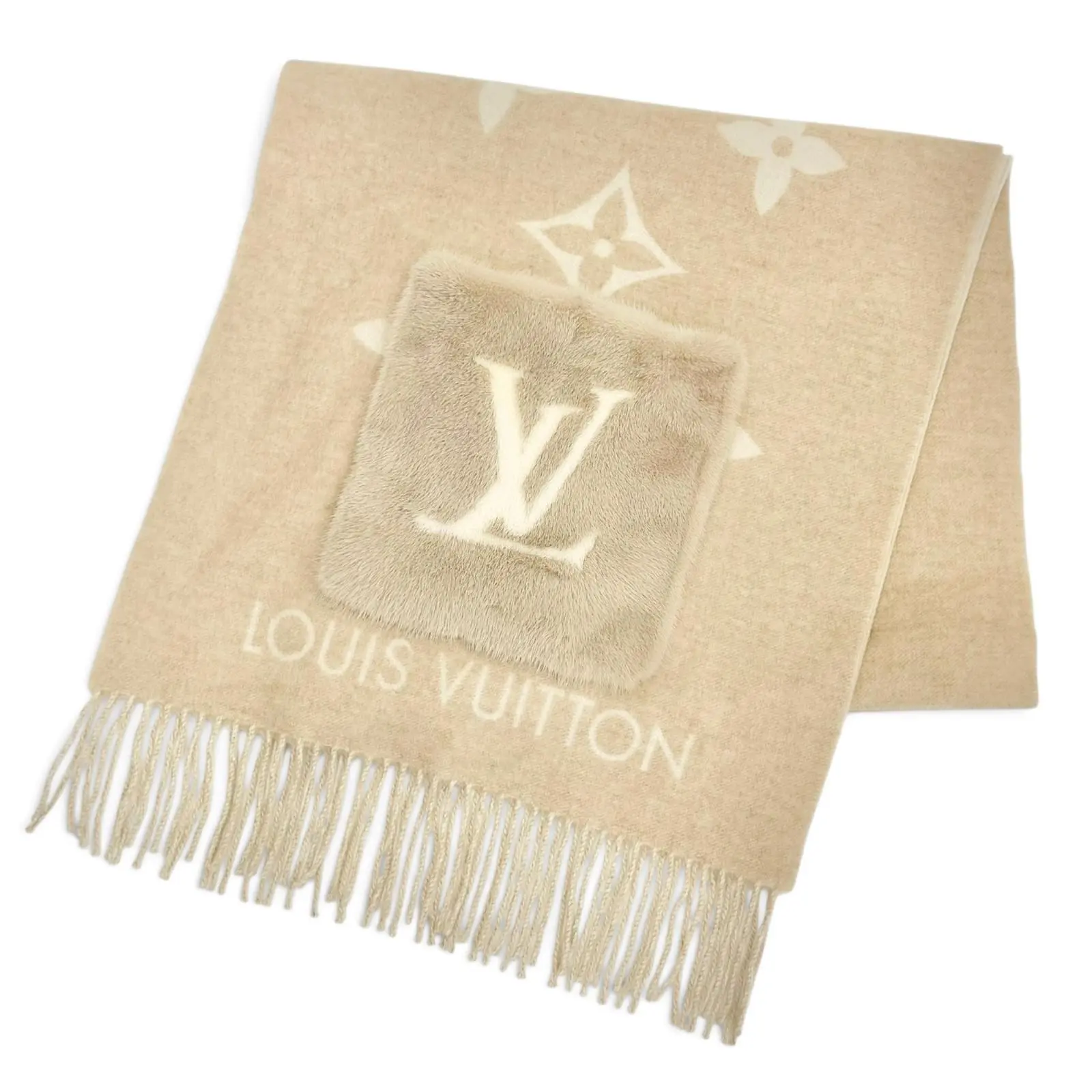 Pre-owned Louis Vuitton Cashmere Small Leather Goods Reykjavik LV Initial Monogram Mink Scarf