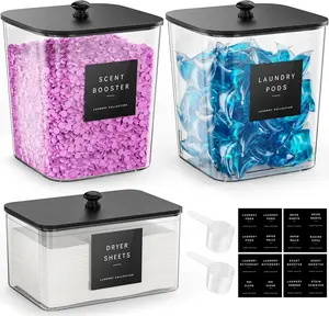 3 Pack Laundry Pods Container & Dryer Sheet Holder - Clear Plastic Laundry Room Organization Storage Containers with Black Lids, Scoops & Labels for Detergent Pods, Powder, Scent Boosters, Beads