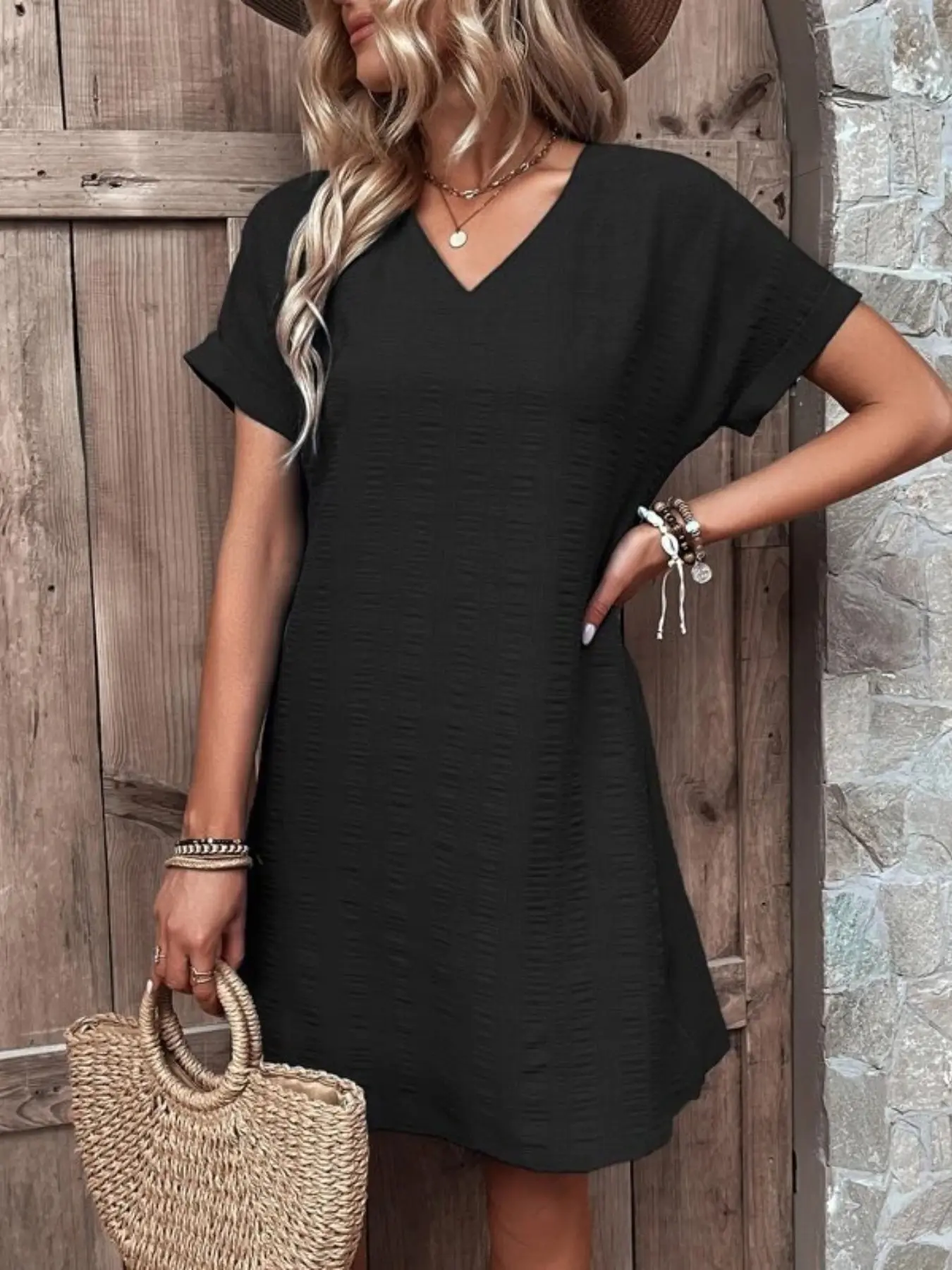 2026 Summer Versatility Basic Textured Dress, V Neck Loose Short Sleeve Slimming Fit Mini Skirt, Casual Vacation Chic Style Lazy Wear, Trendy Daily Commute Essential