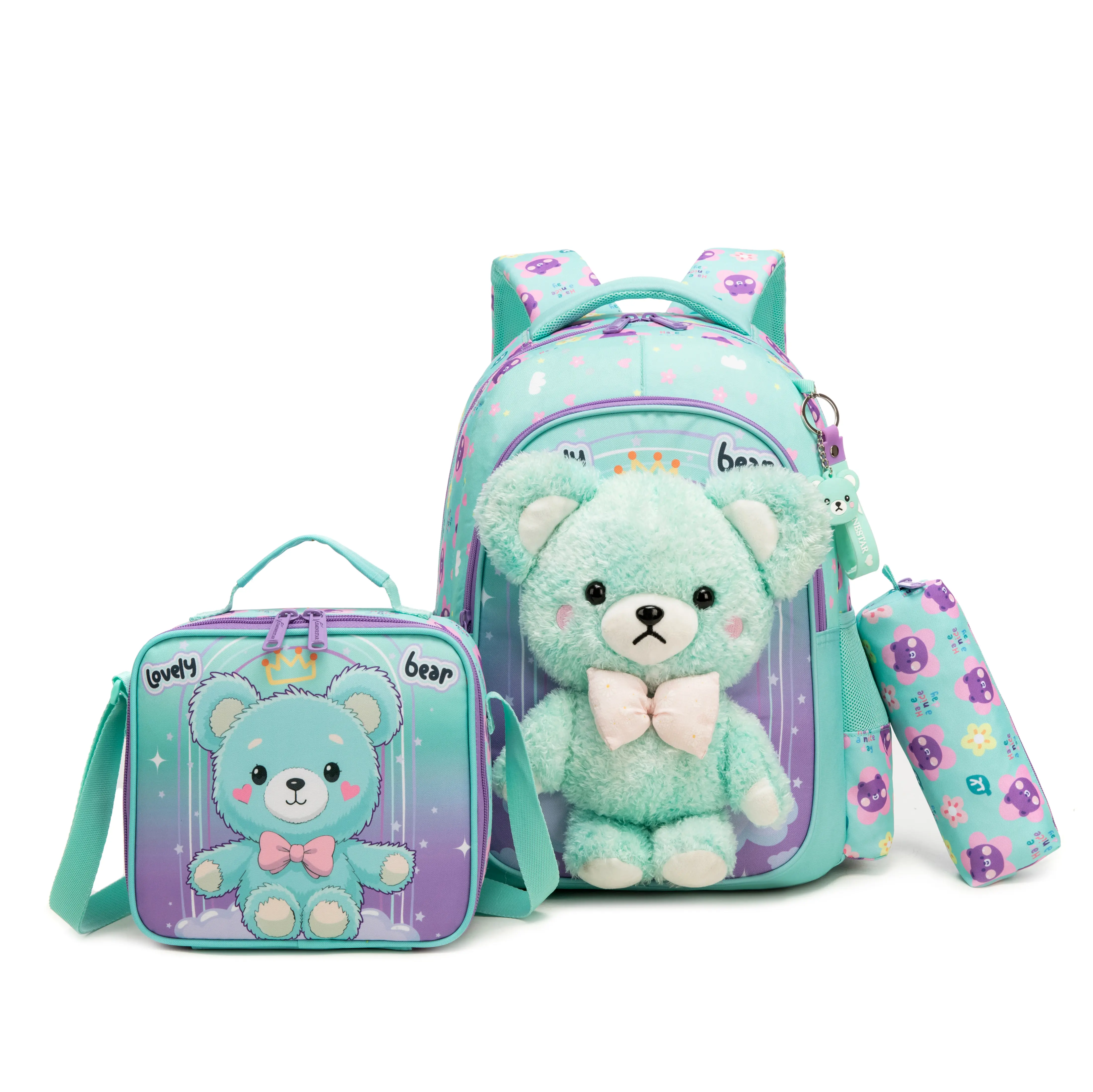 Elementary School Girls' 3D Plush Mint Bear Backpack Set - Backpacks for School, Floral Allover Print, Matching Insulated Lunch Bag, Pencil Case, Ergonomic Padded Straps