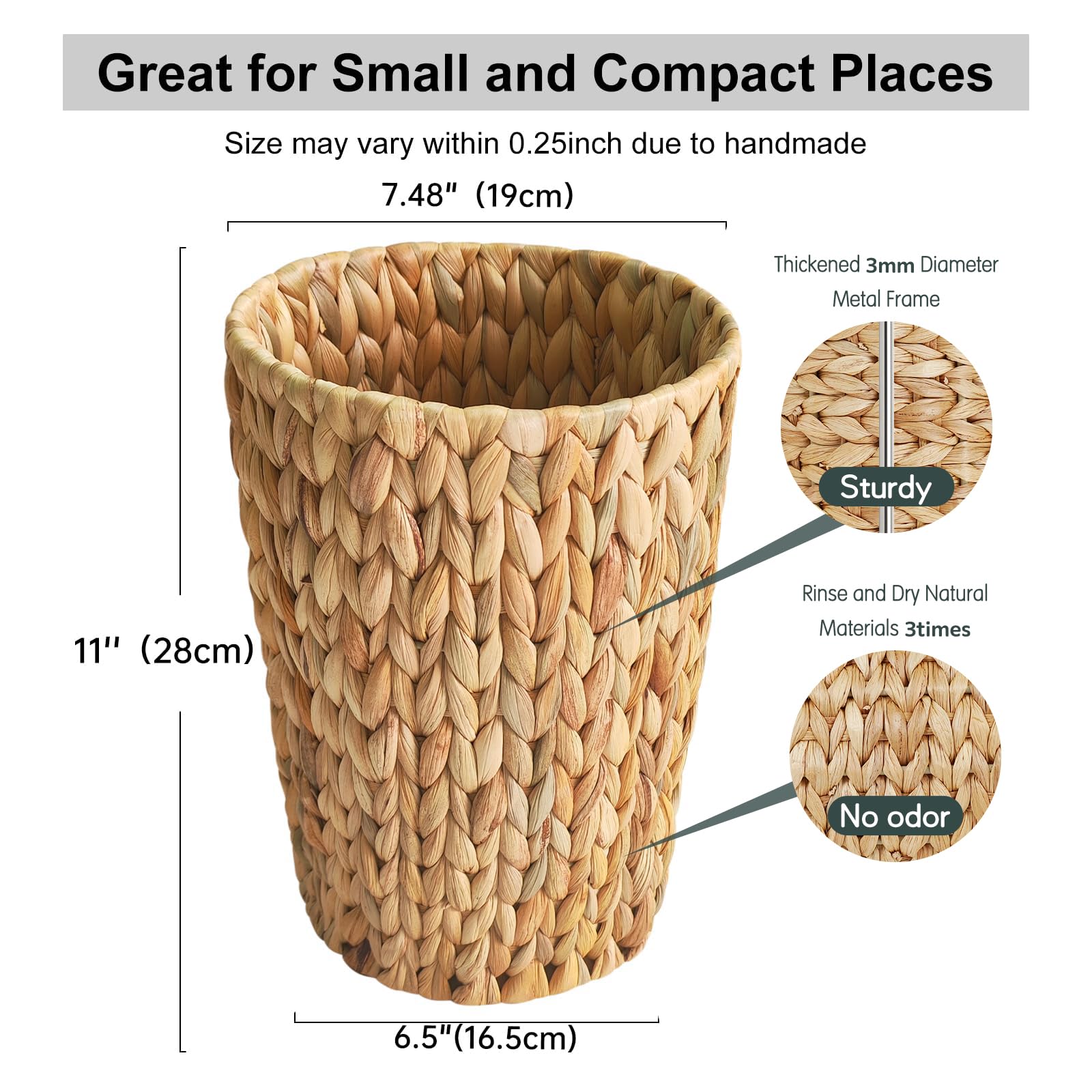 Wicker Trash Can, Small Bathroom Trash Can, Water Hyacinth Wicker Waste Basket for Bathroom, Boho Waste Basket for Bedroom, Home Office, Compact Spaces