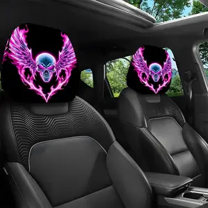 2pcs Pink Flame Winged Skull Car Headrest Covers, Car Interior Accessory, Universal Fit for All Seasons, Perfect for Long Trips & Daily Commutes, Halloween & Christmas Decorations 2.06LYY-29