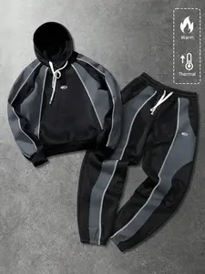 Men's Hooded Sweatshirt Set Fall Winter Casual Streetwear American English Print Patchwork, Long Sleeve Fitted Regular Length