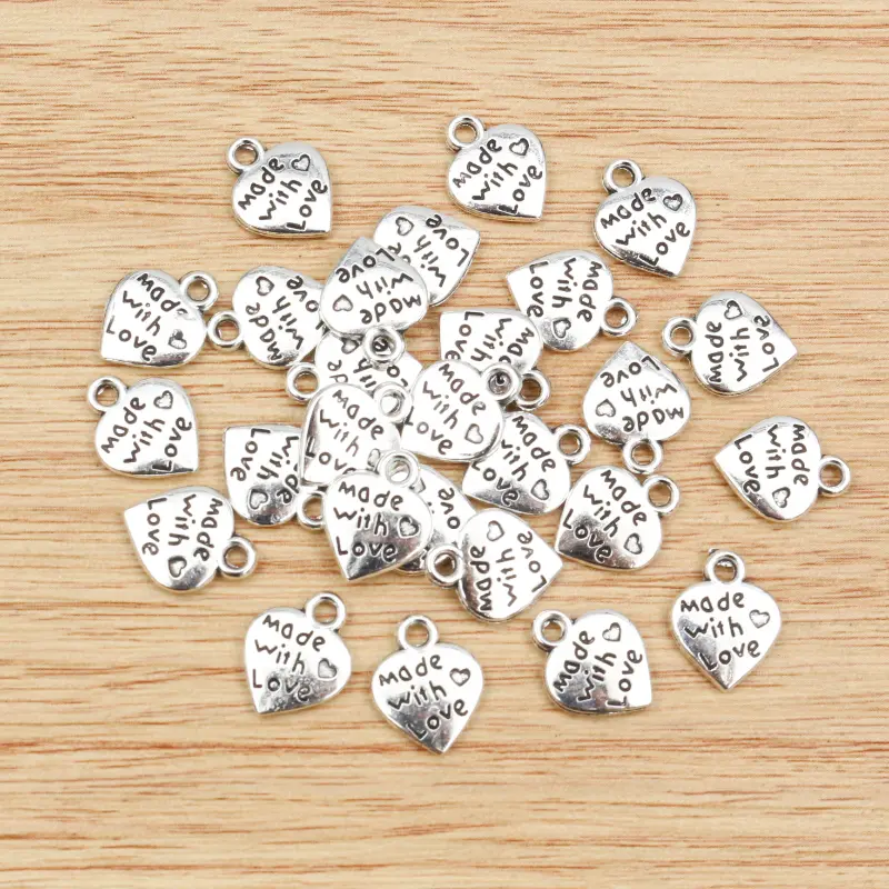 30pcs Small Heart Charms Pendant 12x10mm Engraved Made With Love DIY Jewelry Making Accessories Findings for Earrings Necklace