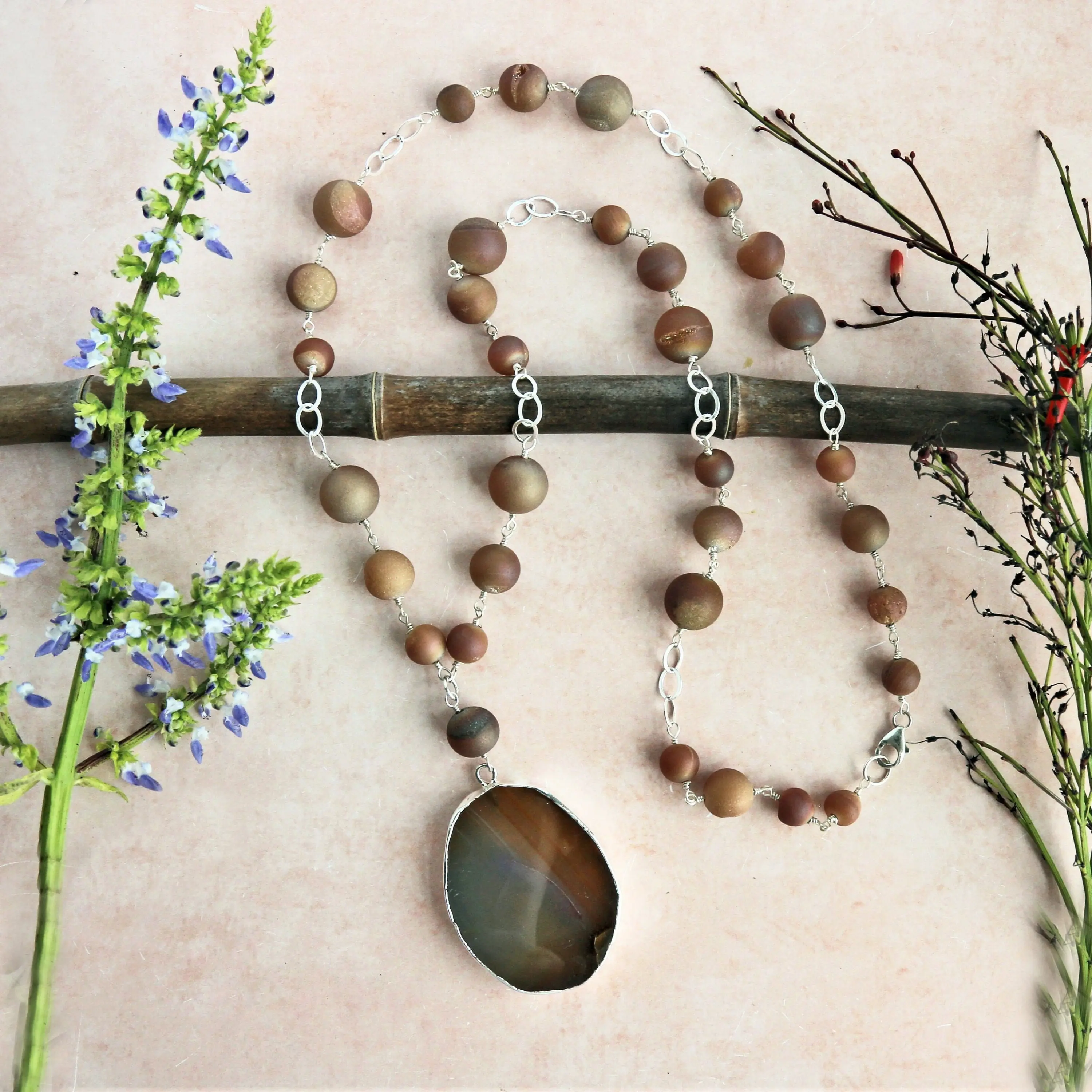 Hand Made Brown Agate Pendant Necklace; Long Druzy Agate Necklace; Natural Stone Necklace; Beaded Chain Necklace.