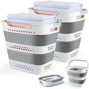 2 Packs Collapsible Laundry Baskets Foldable Pop Up Laundry Hamper Plastic with Comfort Handles Folding Laundry Basket Space Saving Portable Dirty Clothes Hamper Storage Container/Organizer (Grey, 2 Packs)