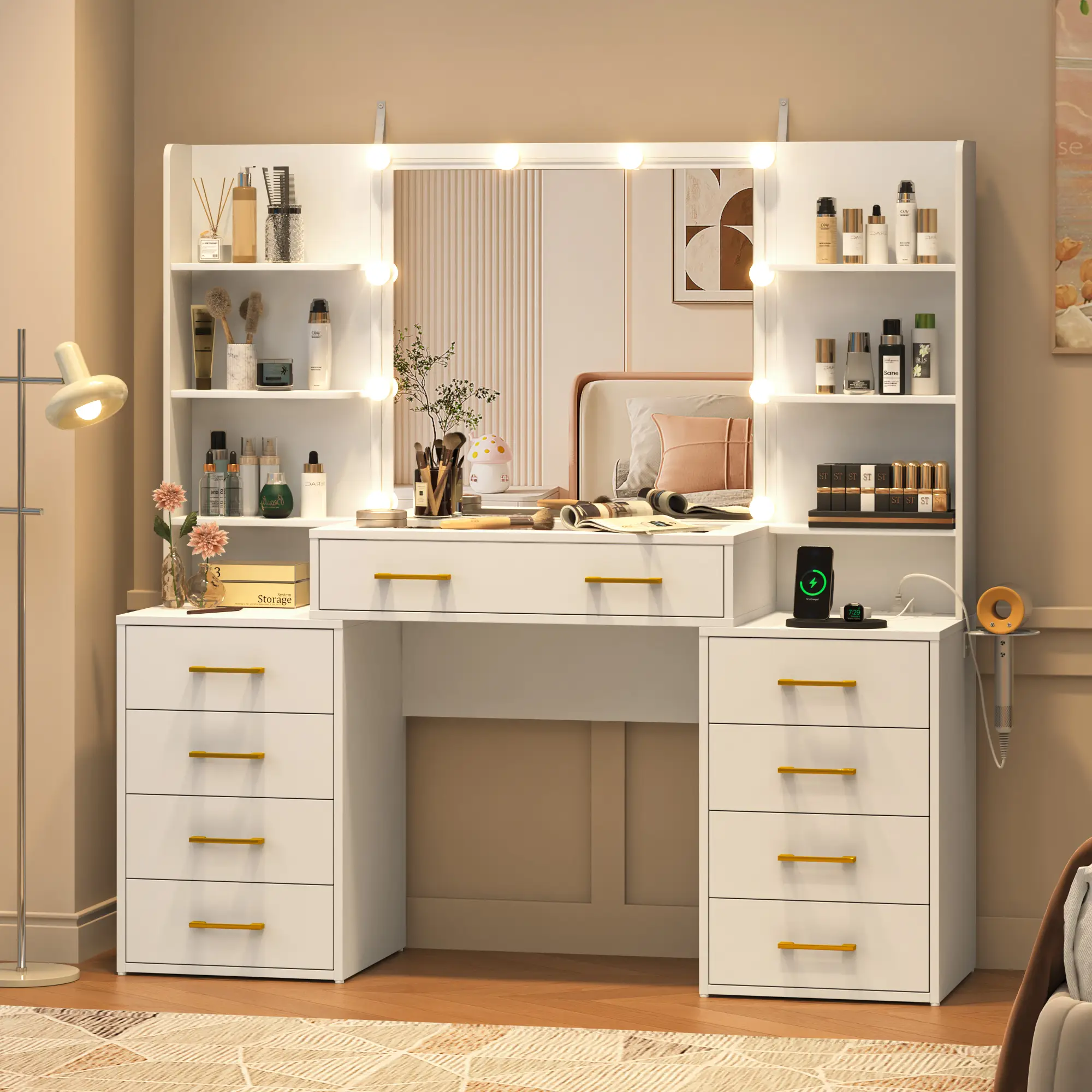 Vanity Desk with Mirror & LED Lights, Glass Top Vanity Desk with Charging Station & Compartment Storage Drawers, 55"/43.5" Large Makeup Vanity Table w