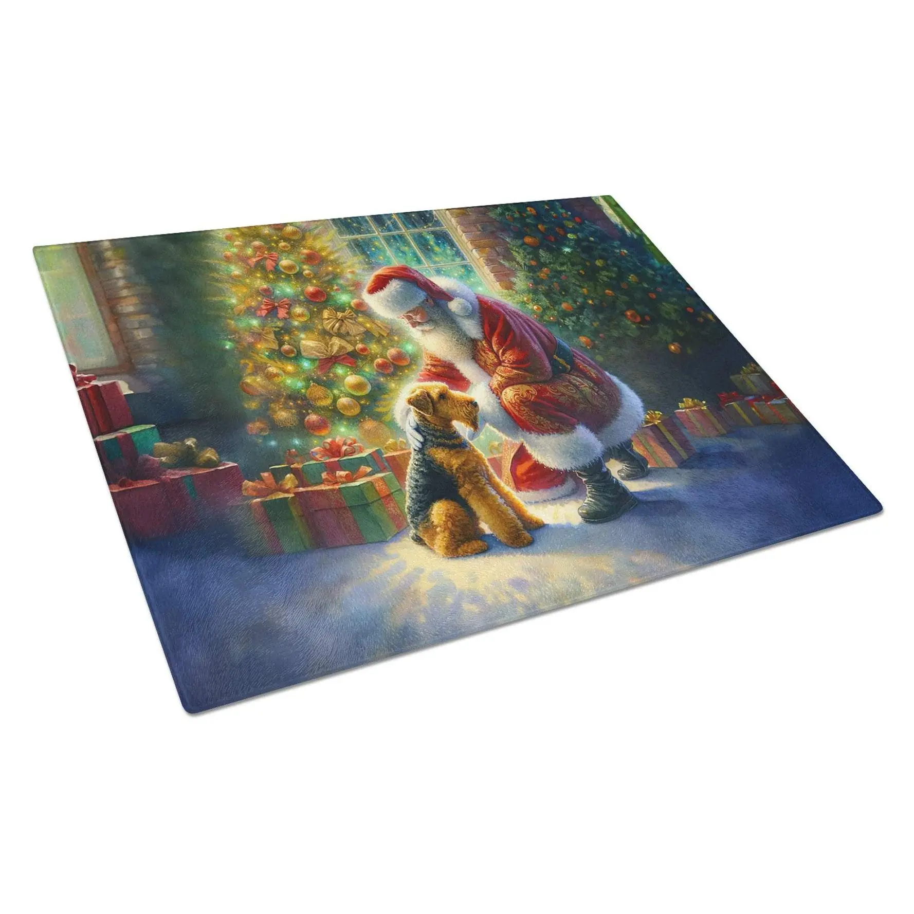 Airedale Terrier & Santa Claus Christmas Rectangle Glass Chopping Board, 12 Inches Length, Vibrant Non-Slip Kitchen Cutting Board, Decorative Artwork