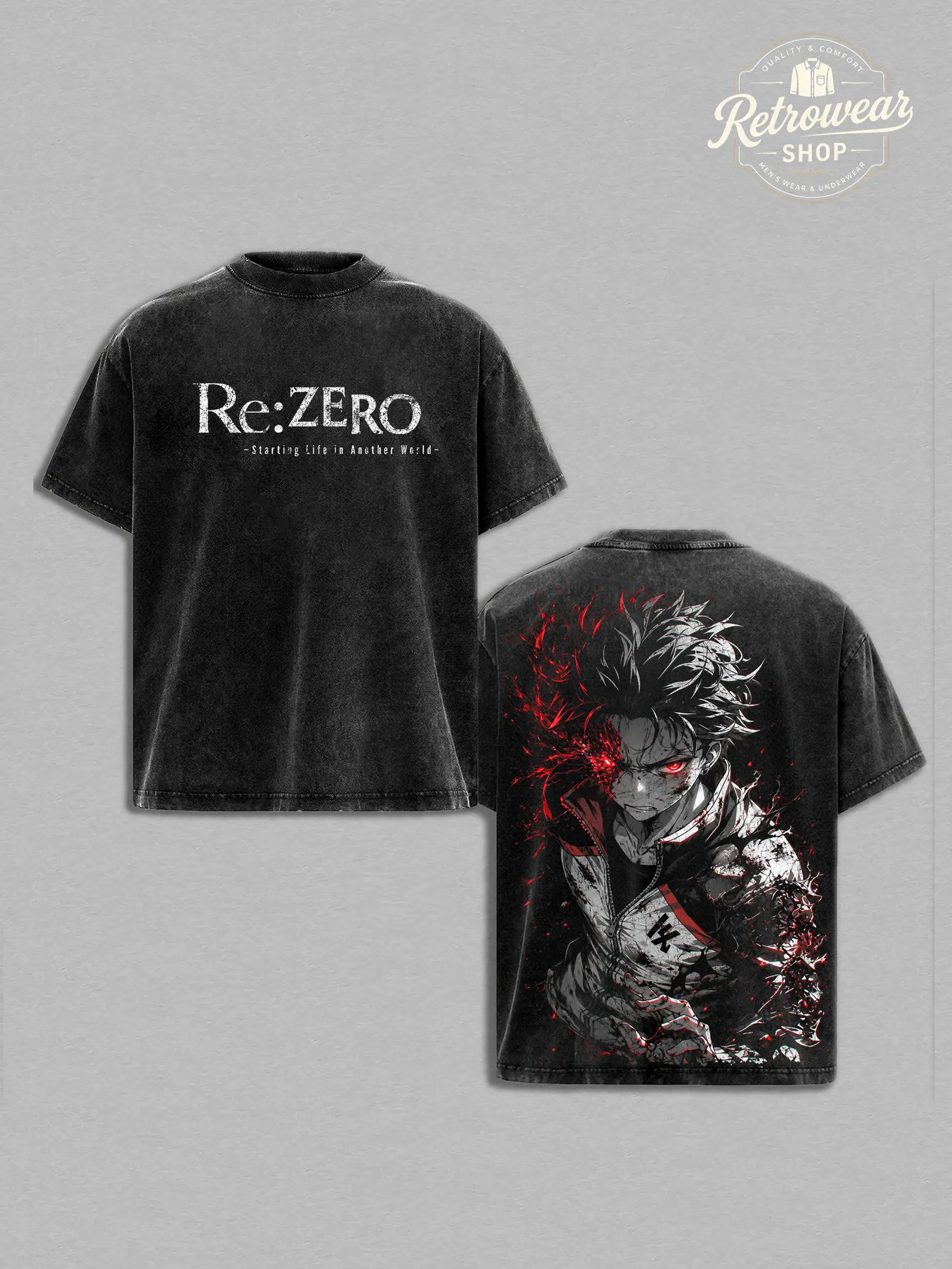 Men's Natsuki Subaru Re:0 Vintage Washed Oversized Graphic Tee, Return by Death Design Streetwear Manga T-Shirt, Gift for Anime Fans