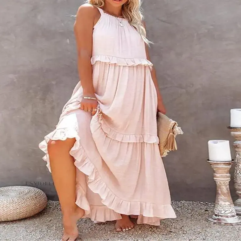 YYW1 Women's Plain Ruffle Trim Tiered Layer Dress, Casual Sleeveless Maxi Dress Beach Holiday Vacation, Ladies Clothes All Seasons, Womenswear