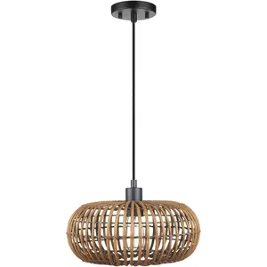 GLOBE Electric x Novogratz 61063 1-Light Pendant Light Fixture, Rattan Shade, Black Socket, Braided Fabric Cord, Living Room Pendant Light, Dining Room Fixture, Kitchen Island Lighting