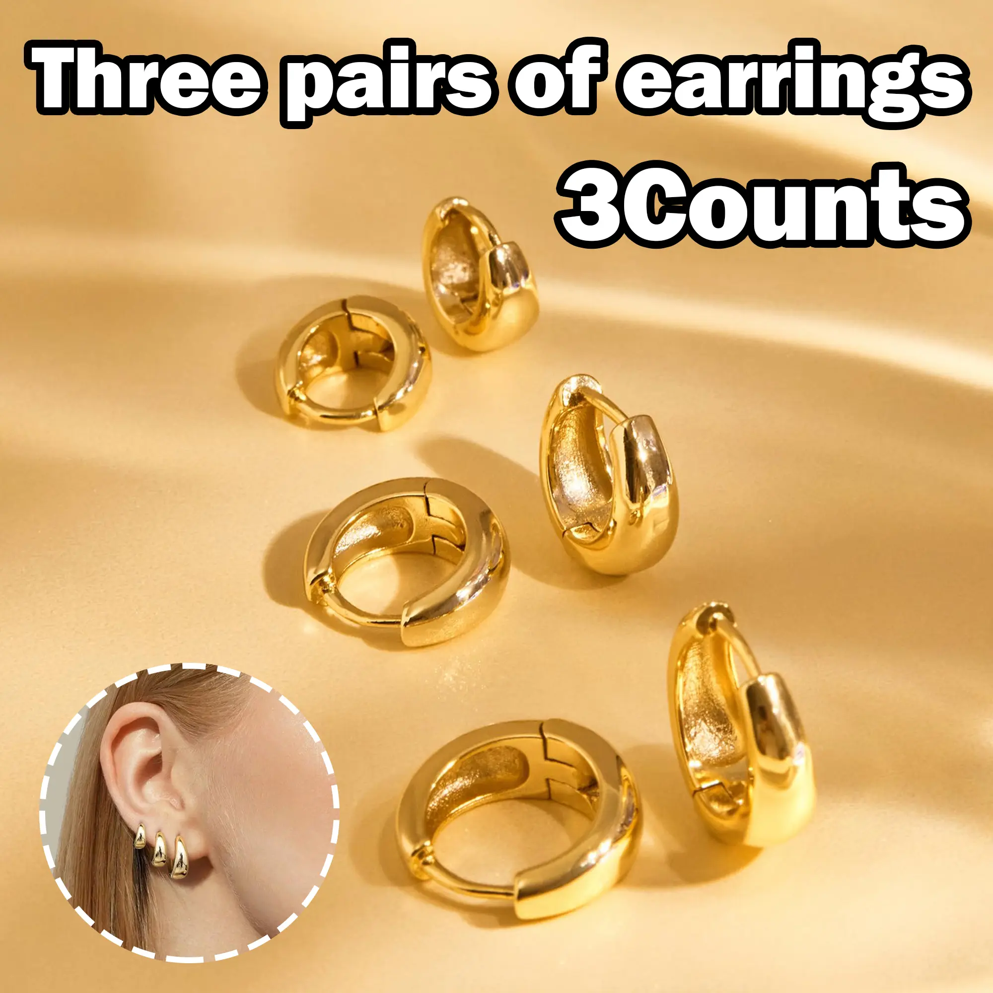 3 Counts Women's Sterling Silver Post Earrings Hypoallergenic 14K Gold Plated Dainty Cartilage Stud Huggie Hoop Dangle Chain Earrings Gold Jewelry