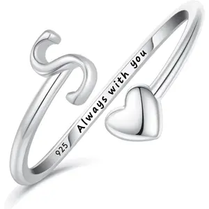 Initial Rings for Women,Sterling Silver Plated Heart Stackable Rings for Teen Girls Adjustable Letter Rings for Trendy Gifts