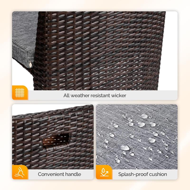 Bonnlo 3 PCS Wicker Outdoor Patio Bistro Set, Patio Furniture Set for Small Space with Glass Top Table Dining Chairs, Balcony Furniture Patio Table and Chairs Set of 2 for Garden Yard Porch (Brown)