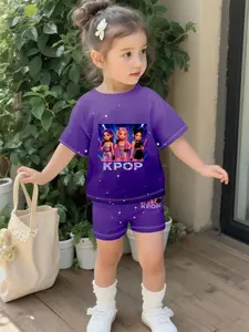 Purple baby girl's short-sleeve set with digital printing, Summer outfits set, Graphic Print Set, 100% polyester, suitable for daily wear, outdoor sports, gift for babies
