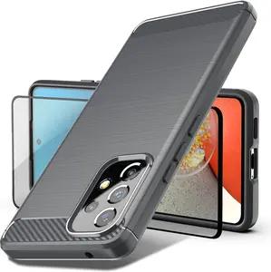 Phone Case Galaxy A53 5G Case, Samsung A53 5G Case with Tempered Glass Screen Protector, Shock-Absorption Brushed Flexible Soft Carbon Fiber Protective Cover for A53 5G(LS-Gray)