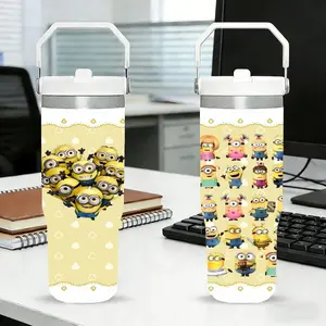 Vacuum Flasks 30oz Flip Straw White Tumbler with Handle | Leakproof Twist-On Lid Water Bottle | Double Wall Vacuum Insulated Stainless Steel Cup | BPA-Free Reusable Travel Mug for Gym, Work & Daily Use Cute M-M-Minions Movie