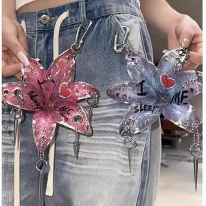 Y2K "I ️ SLEEP ME" Flower Keychain, Spiked Acrylic Bag Charm with Graffiti Details
